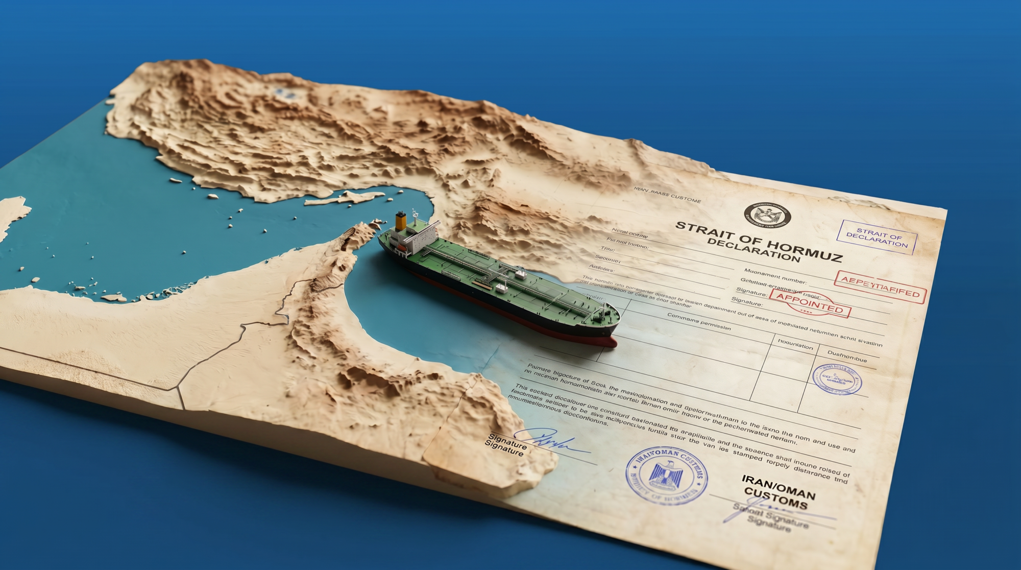 Reliefartige Karte der Straße von Hormus, die nahtlos in ein Zoll- und Handelsdokument übergeht. Ein Öltanker durchquert die Meerenge zwischen Iran und Oman und symbolisiert die Verbindung von Geopolitik, Bürokratie und globalen Lieferketten.