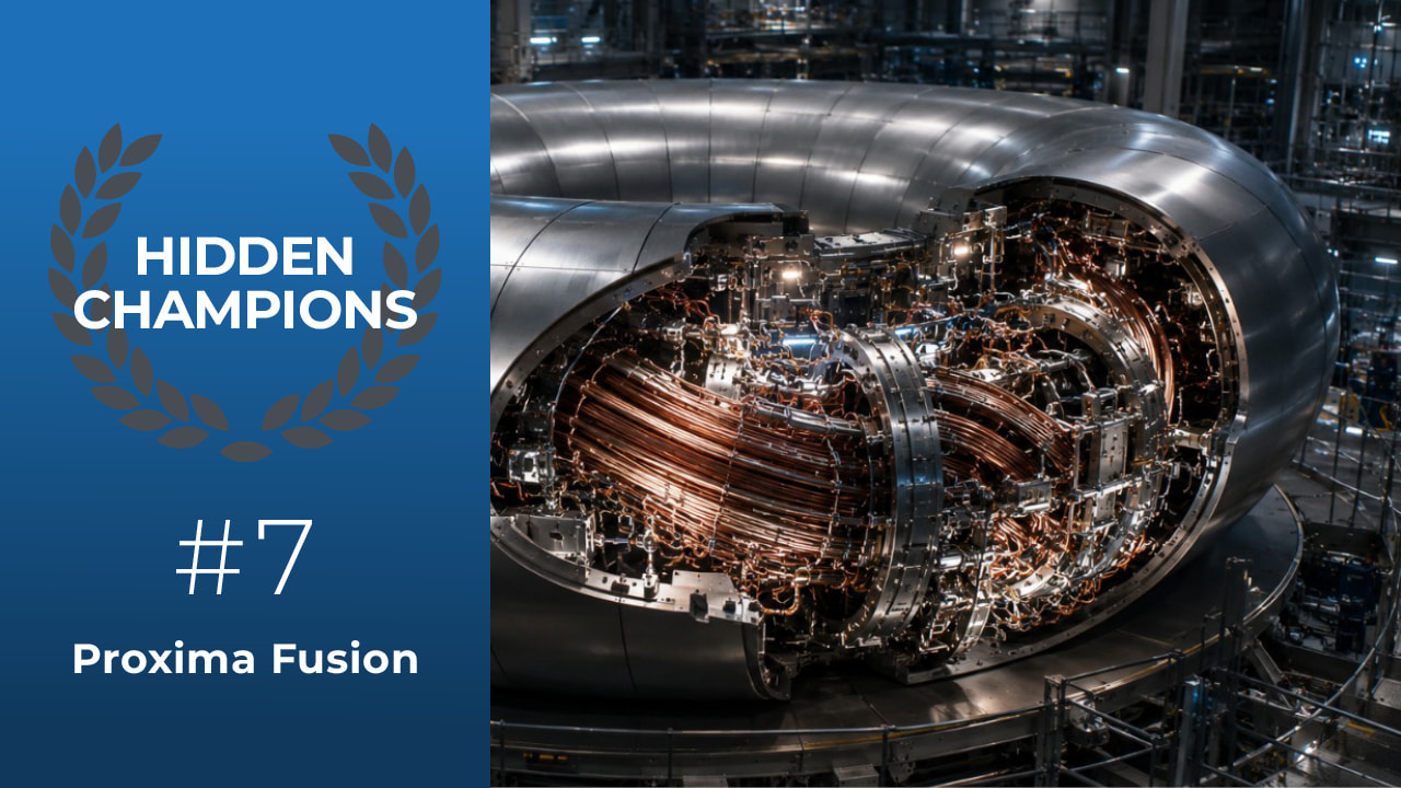 Grafik der Hidden-Champions-Serie mit Kandidat Proxima Fusion. Freigelegter Stellarator mit Einblick in sein hochkomplexes Innenleben.
