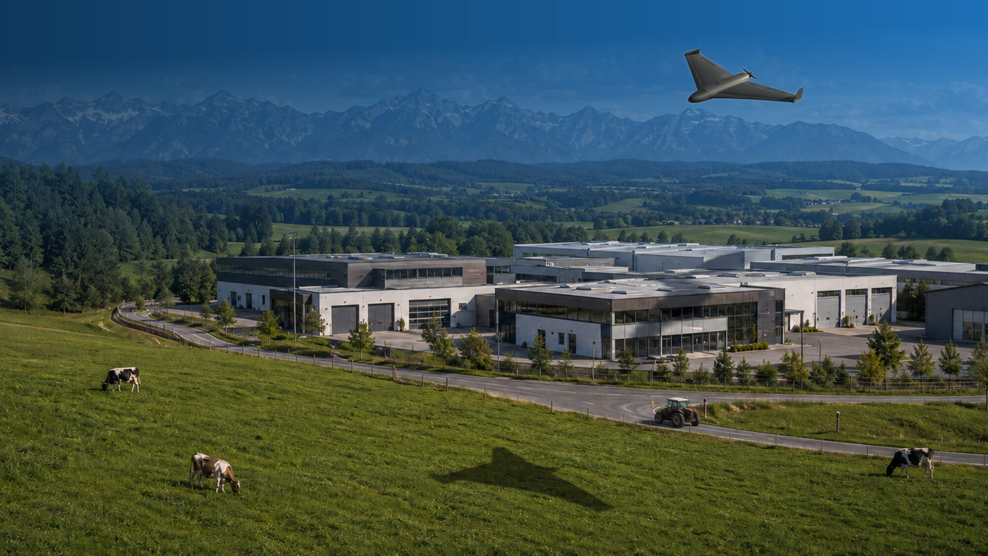 Loitering-Drohne mit Schatten über einer bayerischen Industrielandschaft mit Alpen, Kühen und Traktor