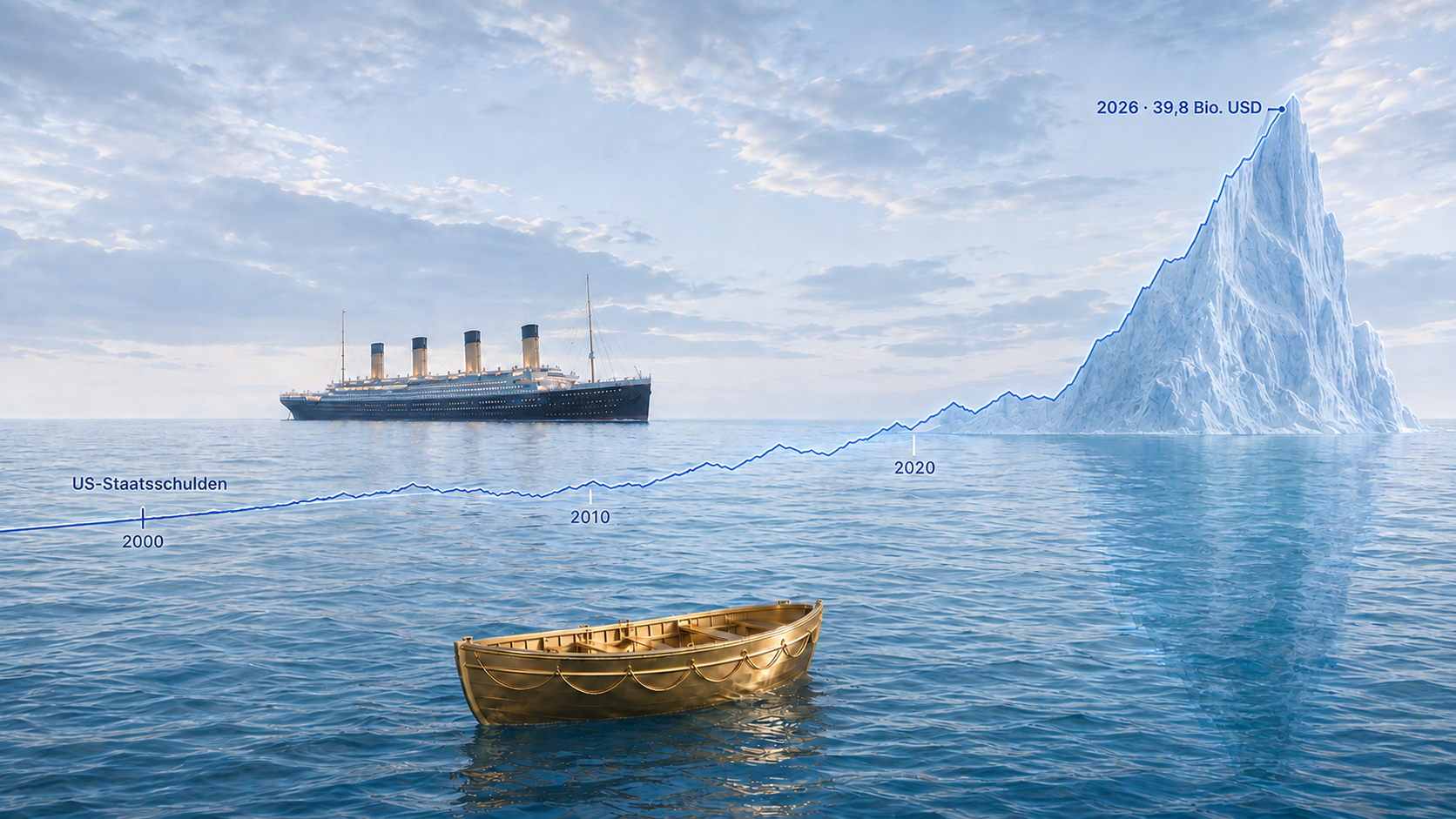 Goldenes Rettungsboot vor der Titanic und einem Eisberg, der aus der Kurve der US-Staatsschulden entsteht.