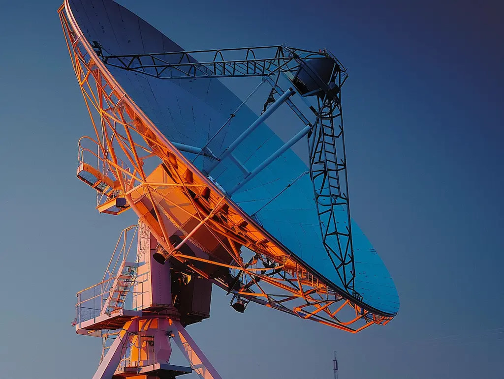 Eine massive Parabolantenne vor einem tiefblauen Abendhimmel, die durch warmes, orangefarbenes Sonnenlicht von unten angestrahlt wird.