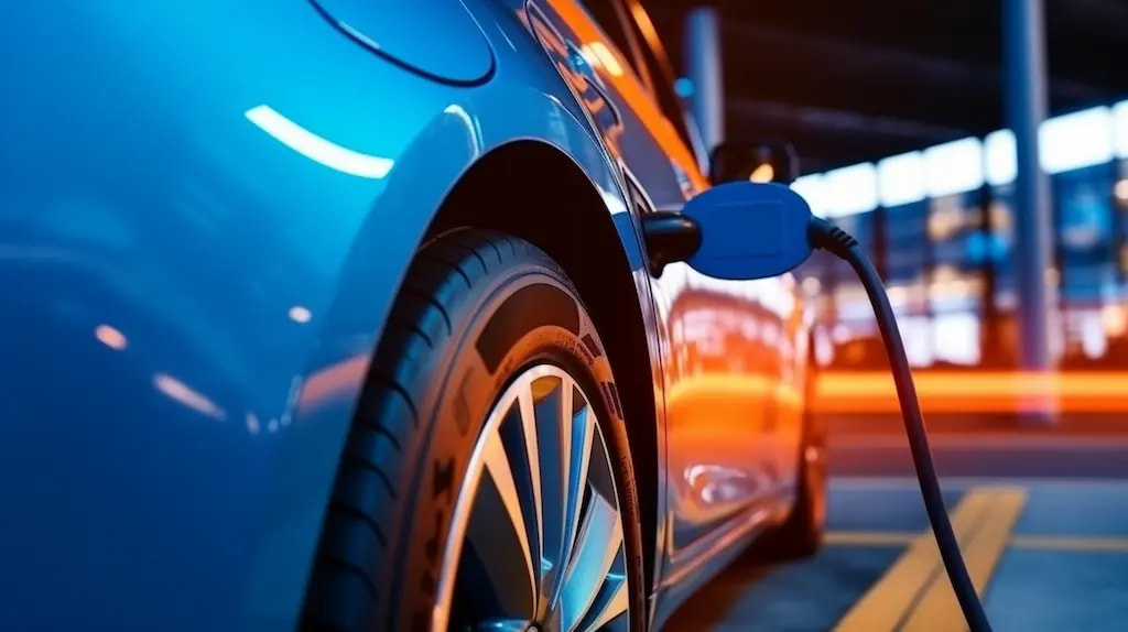 Nahaufnahme eines blauen Elektroautos, das an einer Ladestation angeschlossen ist, mit dynamischen Lichteffekten im Hintergrund.