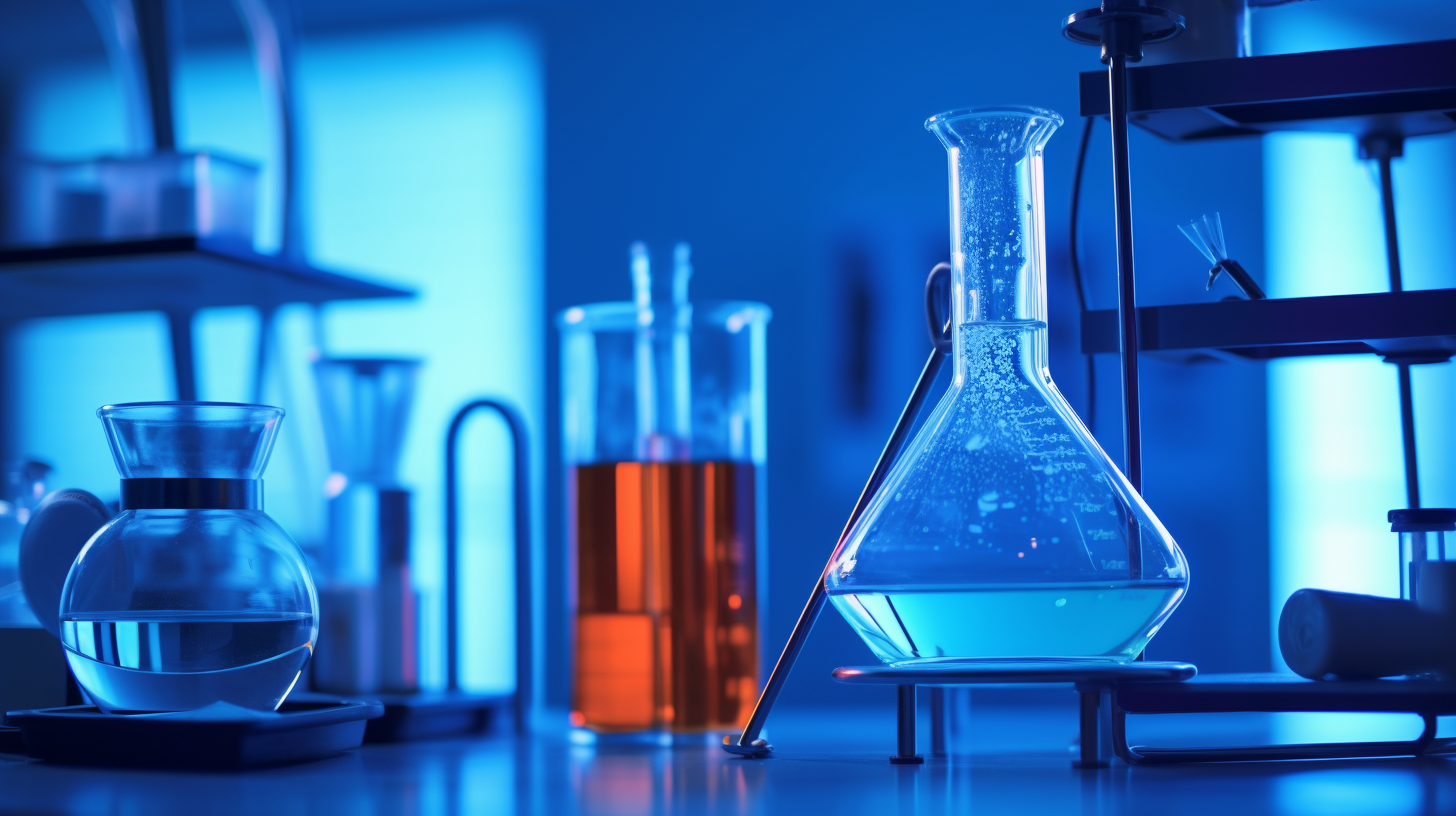 Chemielabor mit Glasbehältern die mit Flüssigkeiten gefüllt sind.