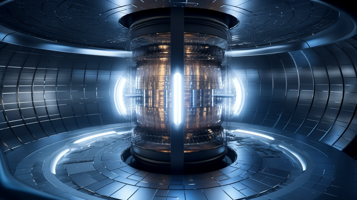 Kernfusionsreaktor in einem futuristischen runden Raum.