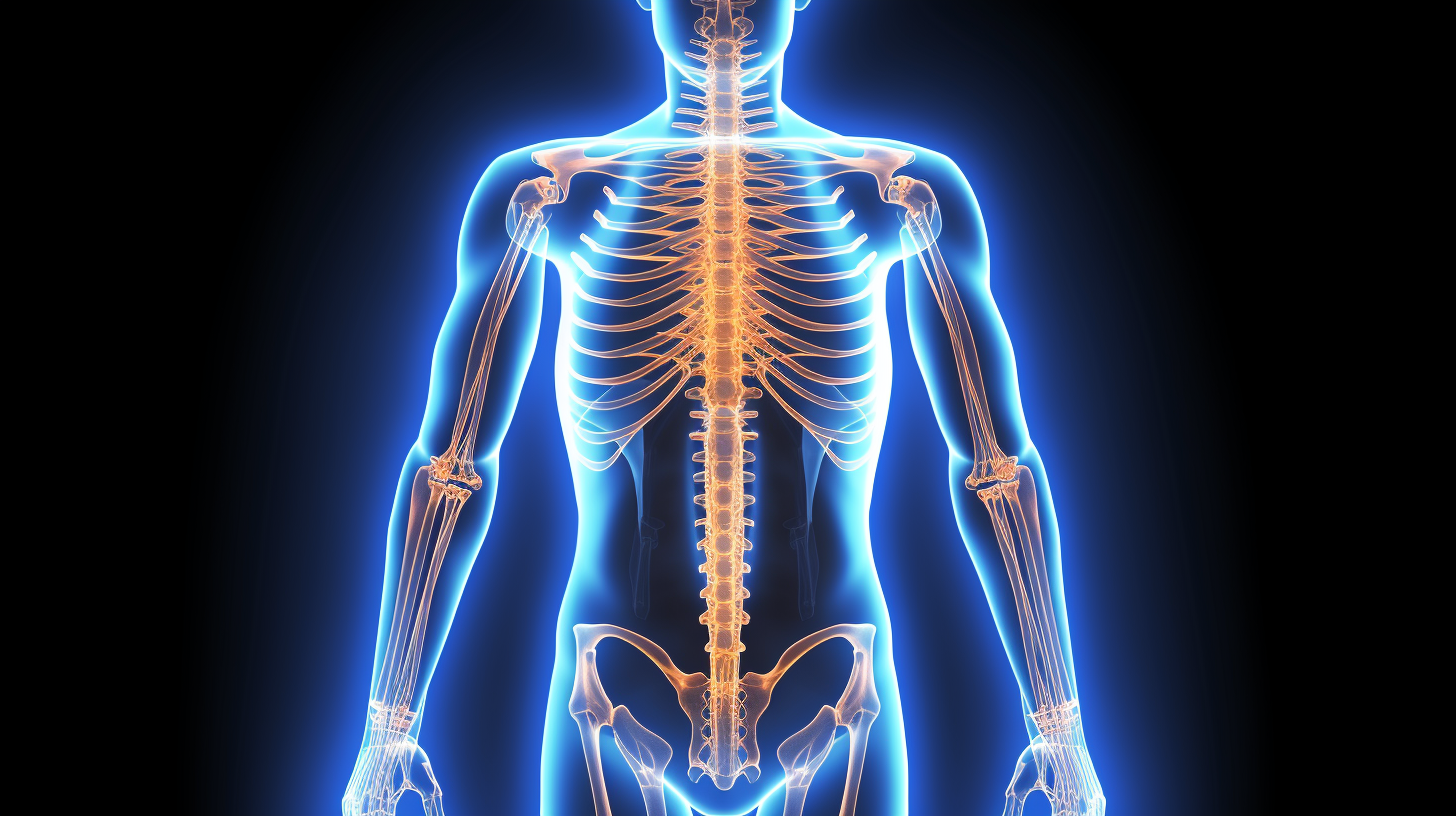 Eine medizinische Illustration des menschlichen Oberkörpers, die das Skelett in leuchtendem Orange innerhalb einer blau schimmernden Körperkontur vor schwarzem Hintergrund zeigt.