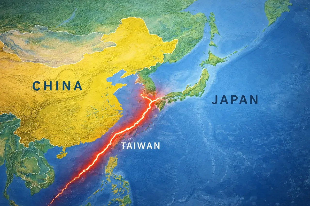 Karte Ostasiens mit hervorgehobener Spannungszone zwischen China, Taiwan und Japan; eine rote Bruchlinie symbolisiert geopolitische Eskalation und unterbrochene Handelsbeziehungen.
