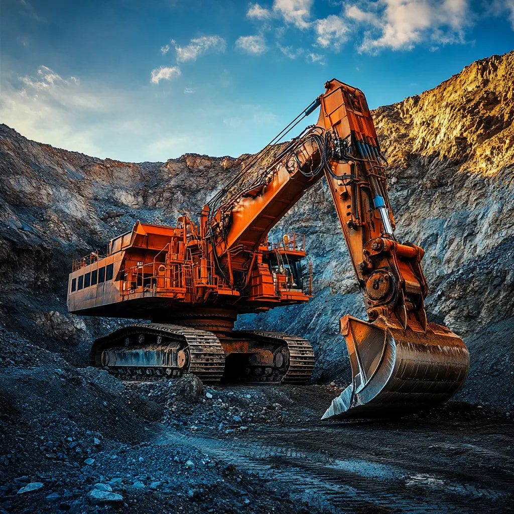 Ein massiver, orangefarbener Hydraulikbagger in einem Tagebau vor einer dunklen Felswand unter blauem Himmel.