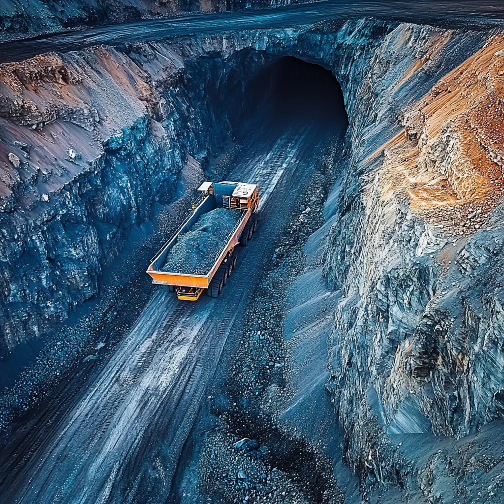 Mienenfahrzeug mit Gesteinsladung wie es in einen Tunnel fährt.