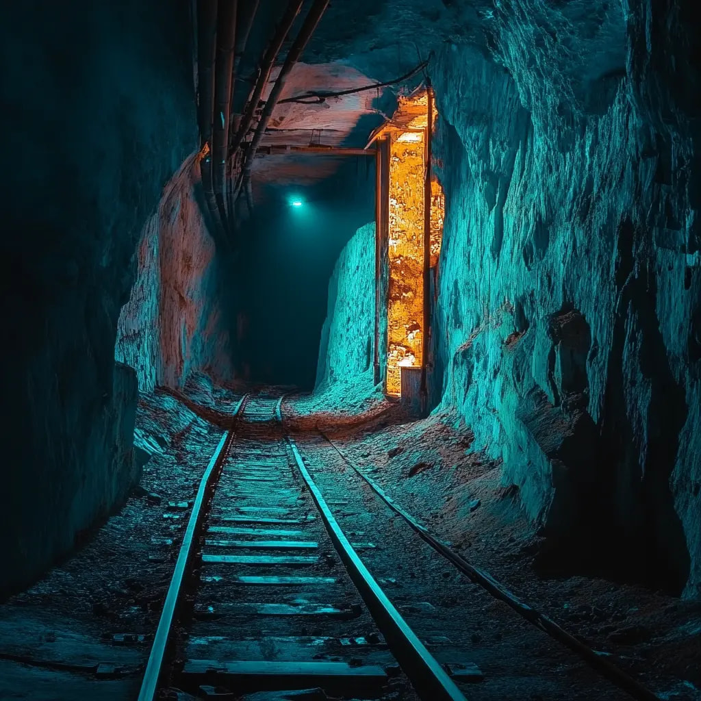 Blau beleuchteter Mienenschacht.