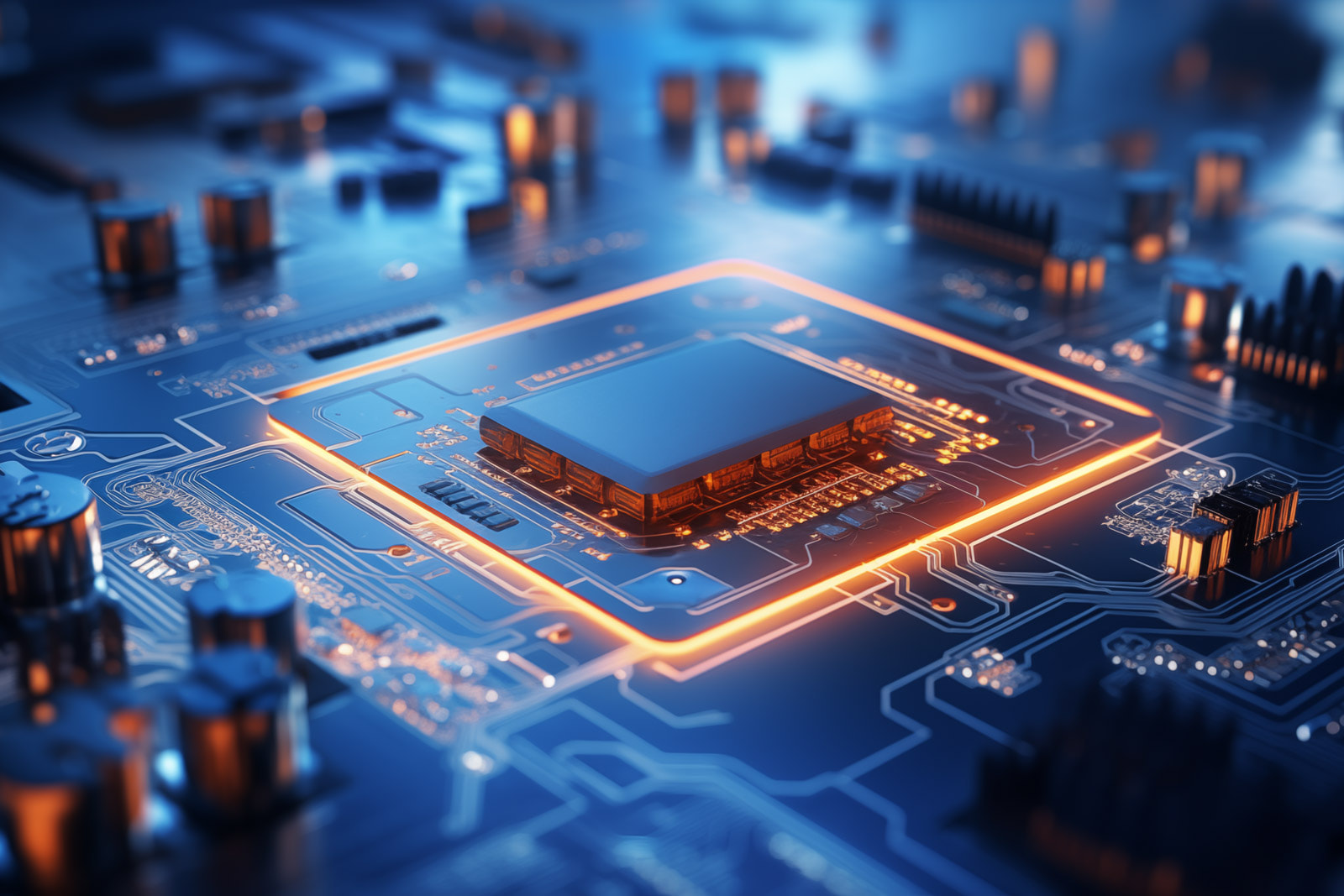 Eine blau leuchtende Computer-Platine mit einem zentralen Mikrochip, der von einem quadratischen, orangefarbenen Leuchtrahmen eingefasst ist.