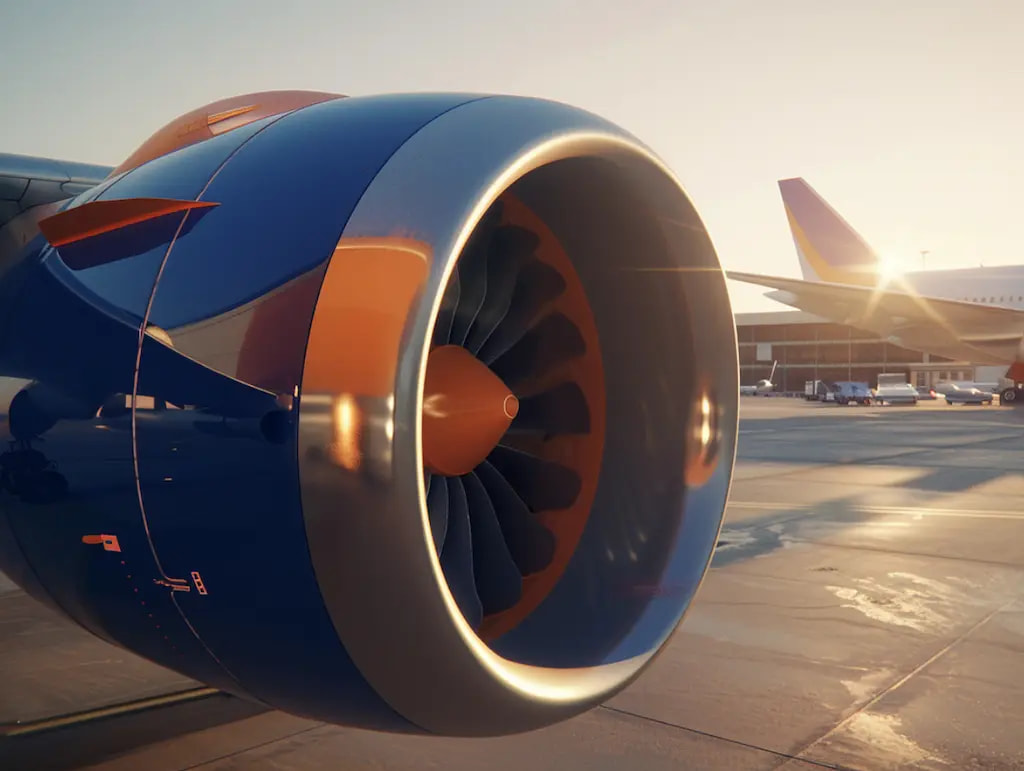 Flugzeugtriebwerk in blau orange.