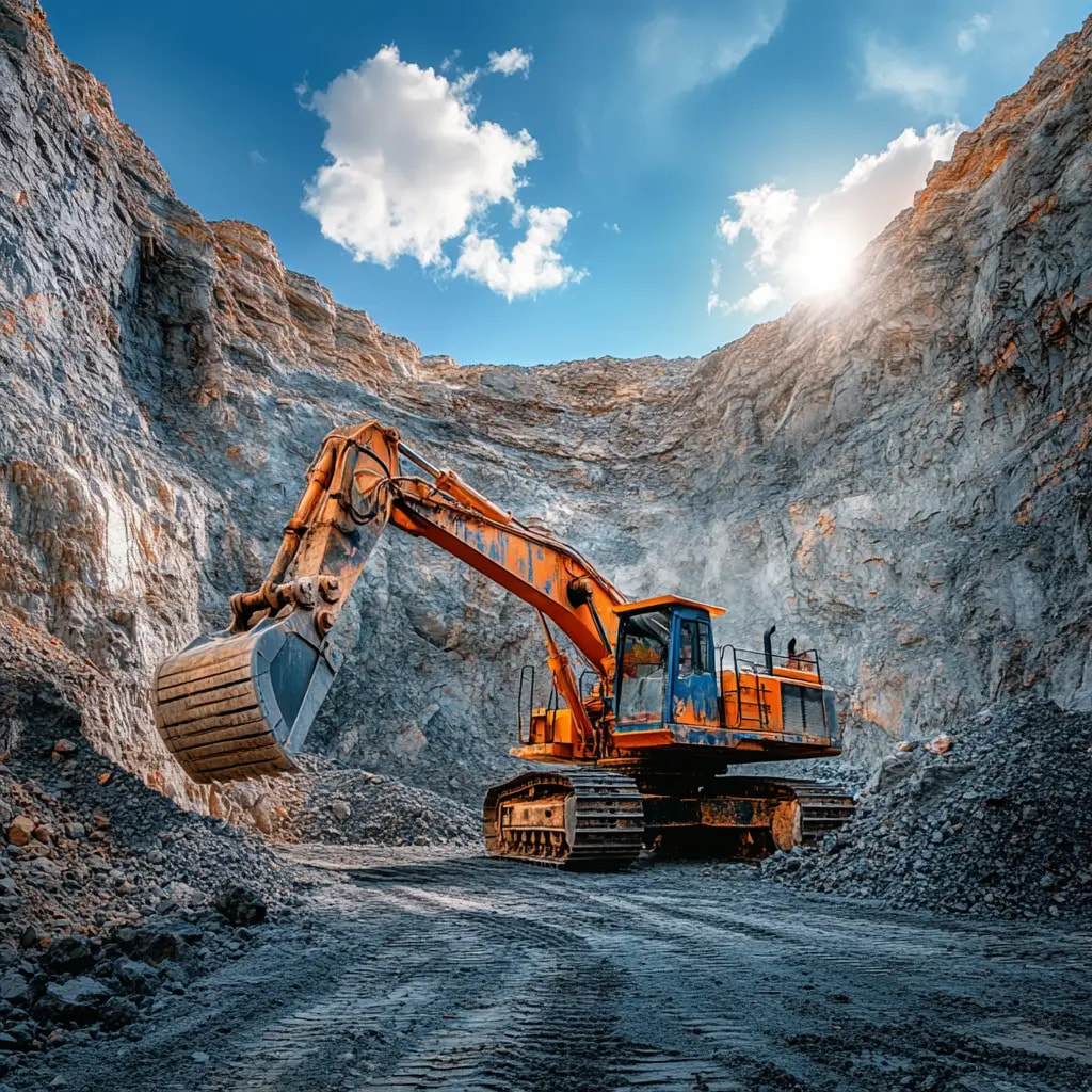 Bagger beim Aushub von Steinen in einer Grube