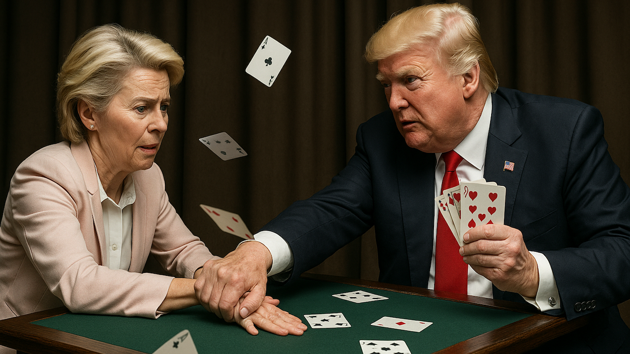Ursula von der Leyen und Donald Trump spielen ein Kartenspiel.