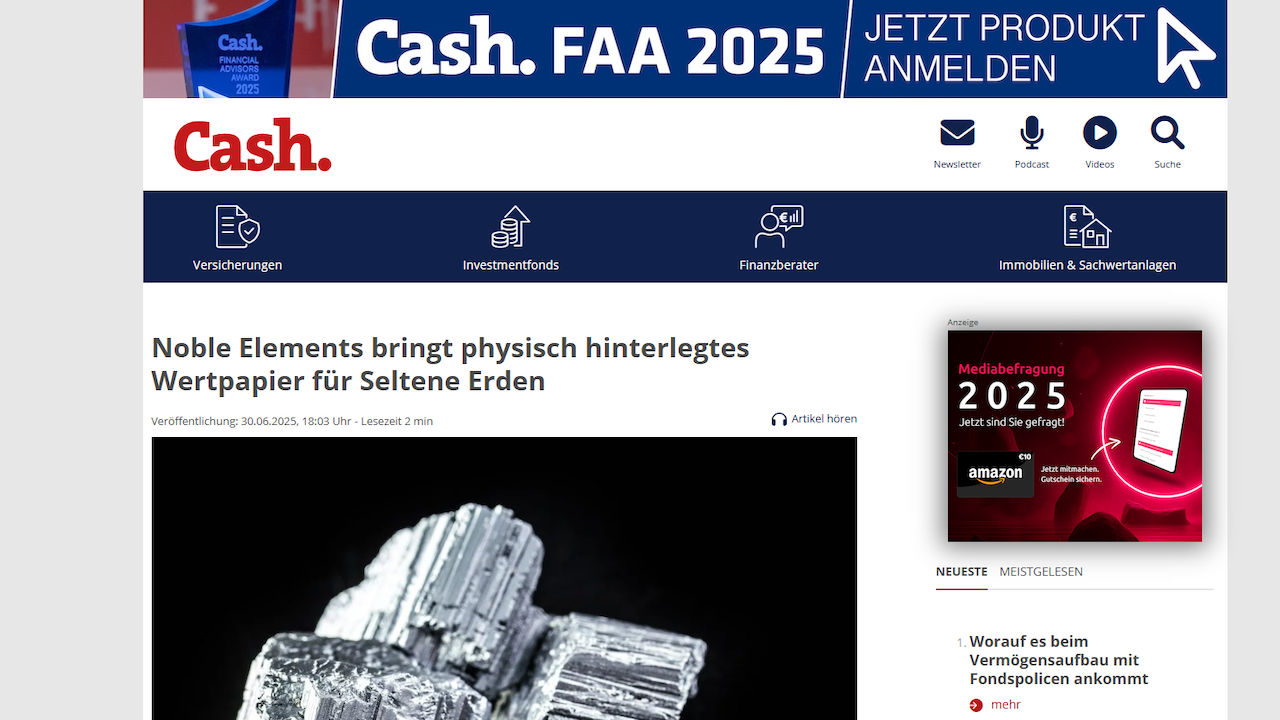 Screenshot von dem Artikel über Seltene Erden AG aus cash-online.de