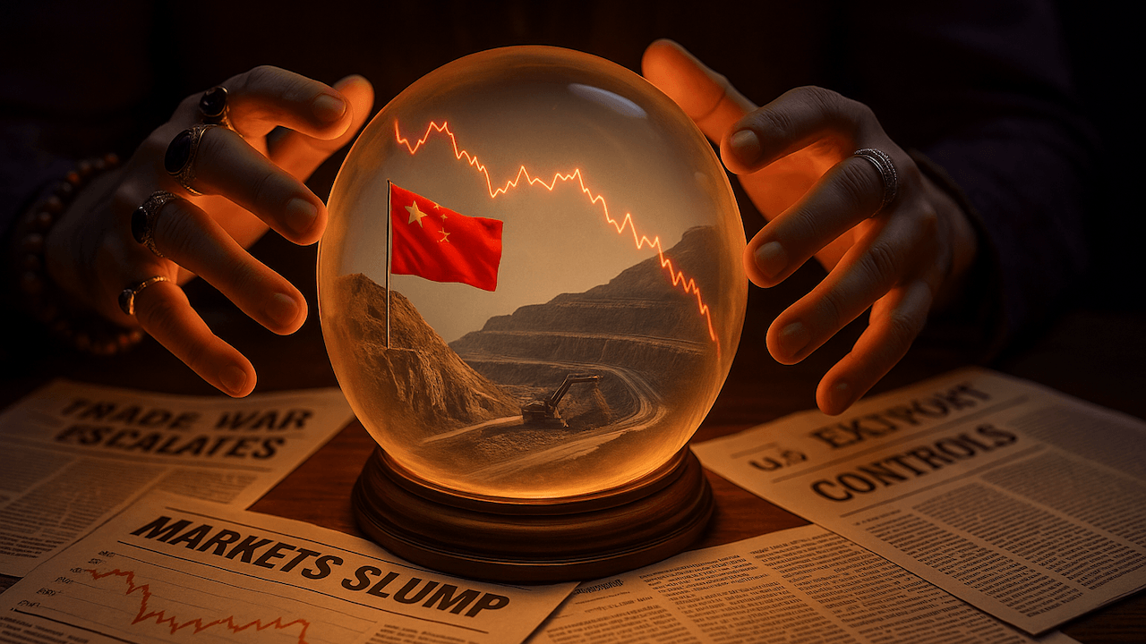 Mine mit Chinesische Flagge in Kristallkugel auf Tisch mit Wirtschaftszeitungen mit fallenden Aktienkursen