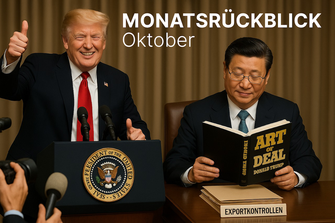 Donald Trump in Siegerpose und Xi Jinping, lesend "The Art of the Deal", sitzen zusammen an einem Tisch.