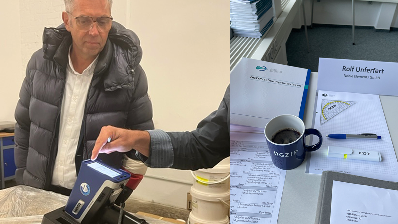 Collage mit einem Foto von Rolf Unferfert und seinem Schreibtisch mit Prüfungsunterlagen, einer Tasse Kaffee und seinem Namensschild drauf