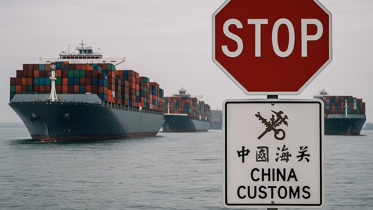 Blick auf ein Containerschiff in einem chinesischen Hafen