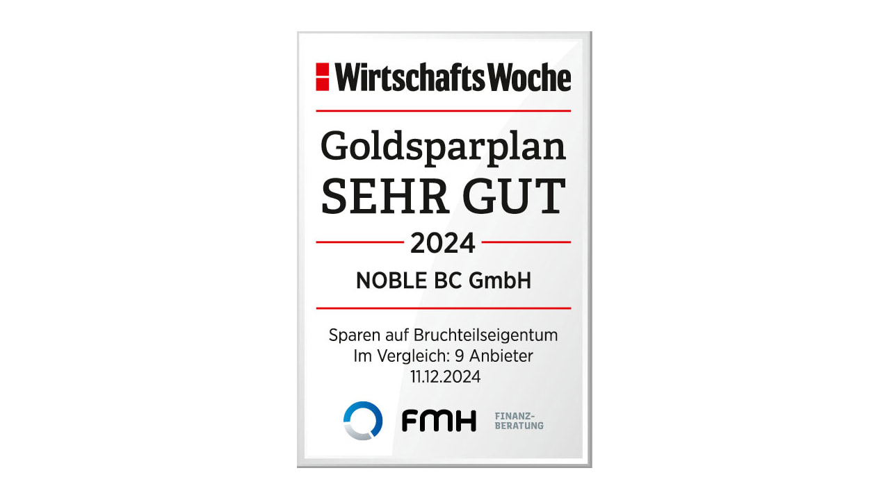 Siegel der Wirtschaftswoche Goldsparplan Sehr gut 2024 für die Noble BC GmbH