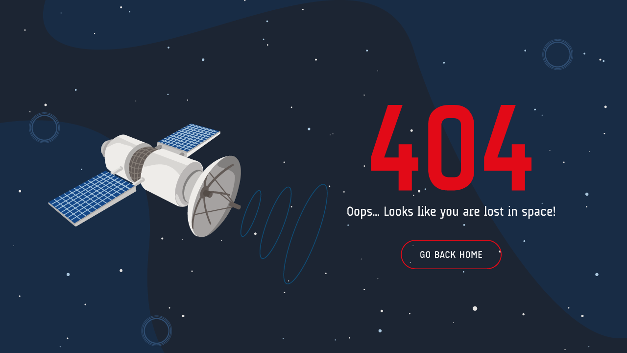 Weltraumbezogene 404-Fehlerseite mit Satelliten und Sternen. Hoppla... Sieht aus, als ob du im Weltraum verloren bist!