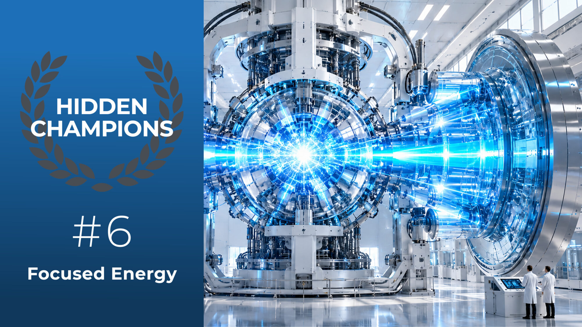 Titelgrafik der Hidden-Champions-Reihe mit futuristischem Laserfusionsreaktor, blau leuchtenden Energiestrahlen und dem Schriftzug „Focused Energy“.