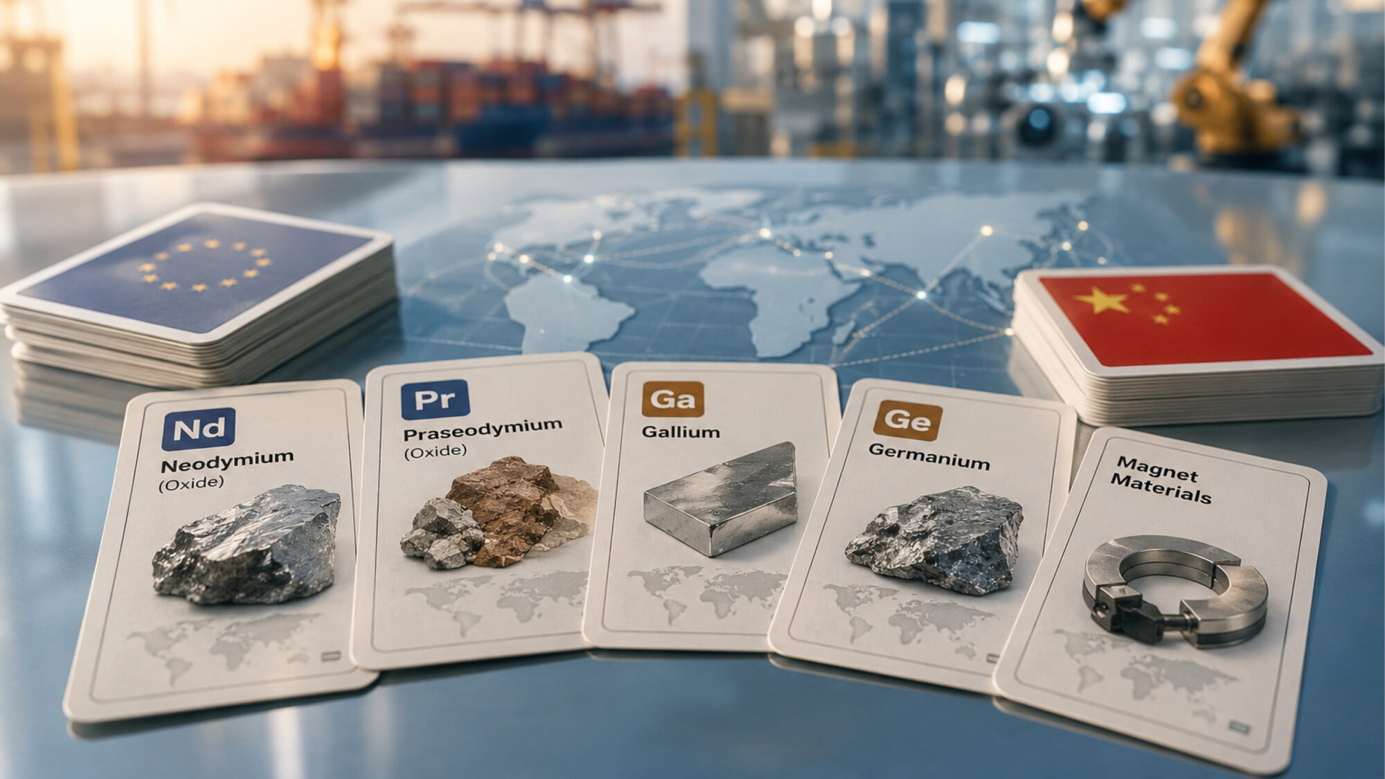 Spielkarten mit Seltenen Erden und Technologiemetallen zwischen EU und China als Symbol für geopolitische Rohstoffmacht und Lieferketten.