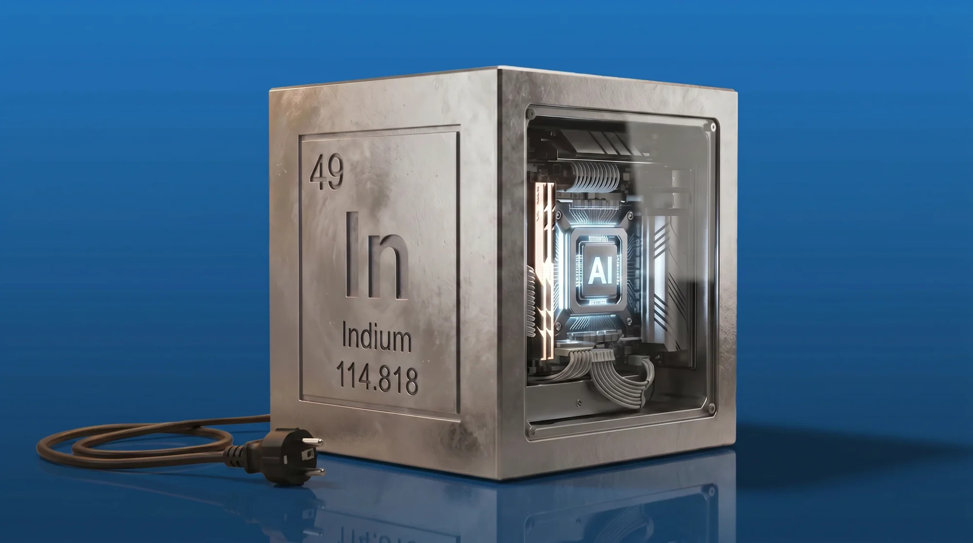 Metallischer Indiumwürfel in Form eines Computers mit integriertem KI-Chip. Das Stromkabel liegt unverbunden und symbolisiert die strategische Bedeutung von Indium für KI und kritische Technologien.
