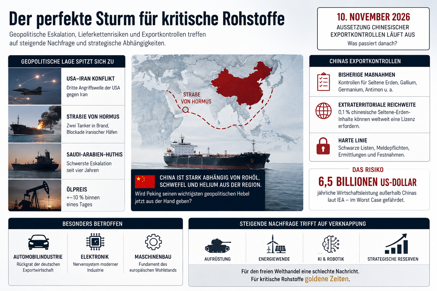 Schaubild zu geopolitischen Risiken und Chinas Exportkontrollen.