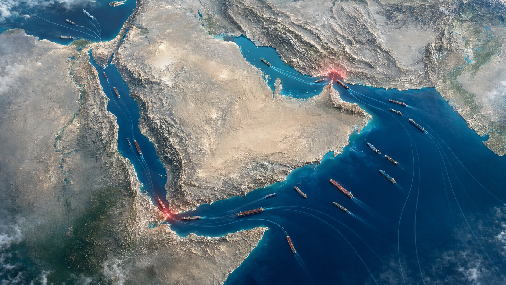 Satellitenansicht der Arabischen Halbinsel mit Tankern und rot markierten Nadelöhren bei Hormus und Bab al-Mandab.