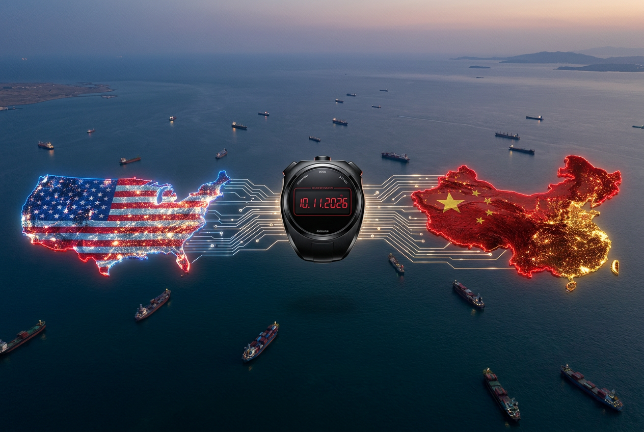 USA und China mit Countdown zum 10. November 2026 über einer Schifffahrtsroute.