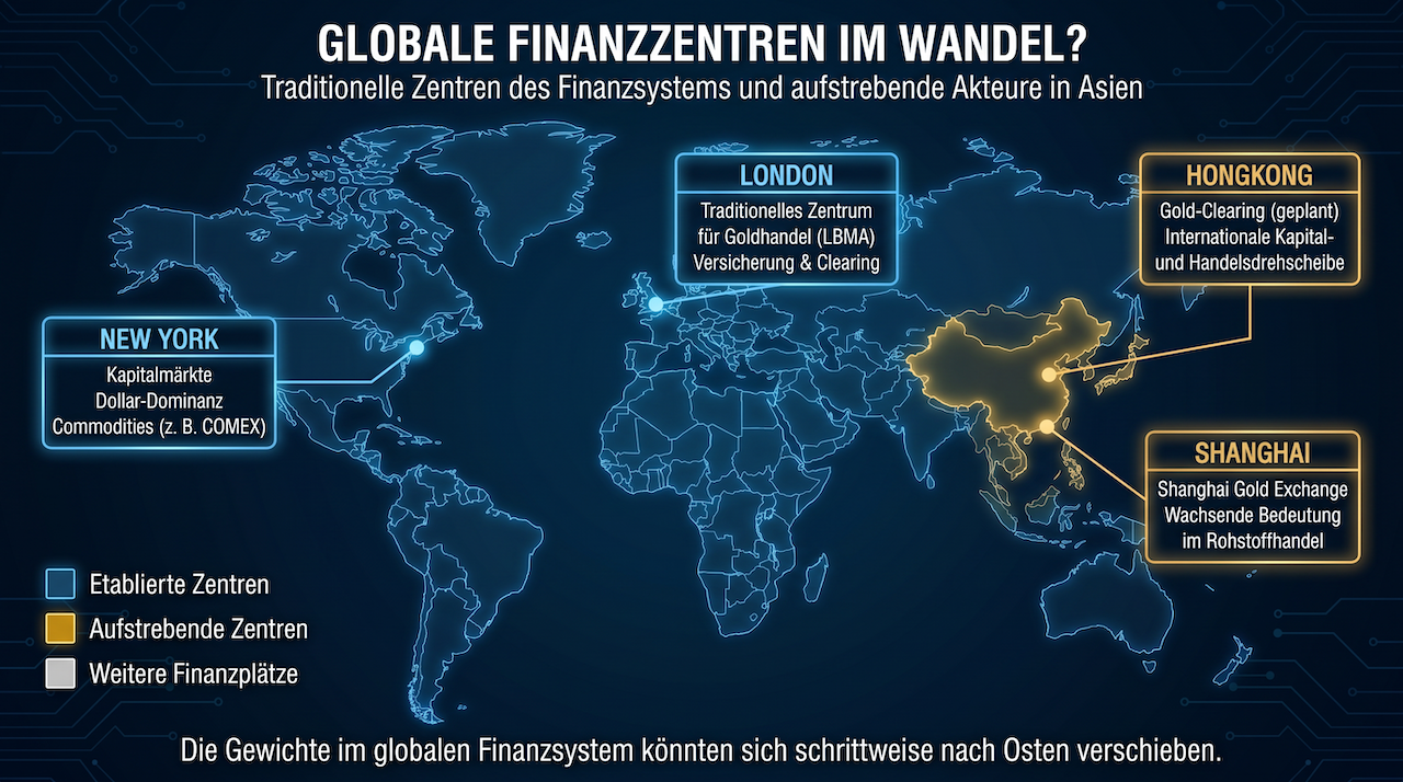 Weltkarte wichtiger globaler Finanzzentren mit New York und London sowie den aufstrebenden asiatischen Zentren Hongkong und Shanghai.