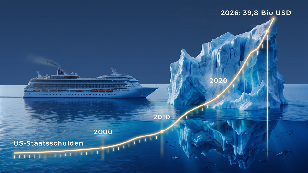 US-Schuldenkurve steigt im Meer zu einem Eisberg vor einem Schiff an.