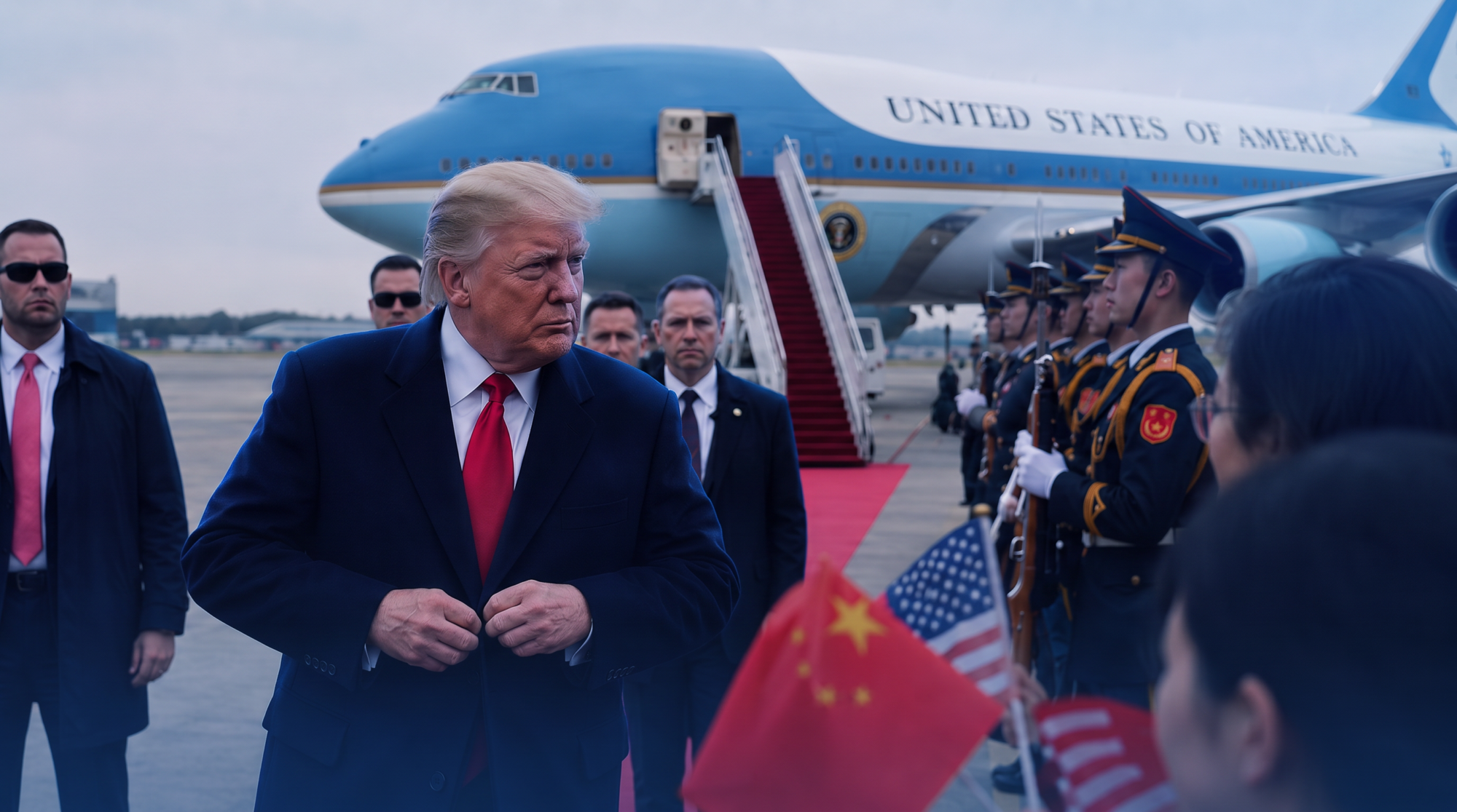 Donald Trump vor der Air Force One bei einem Empfang durch eine chinesische Ehrengarde.
