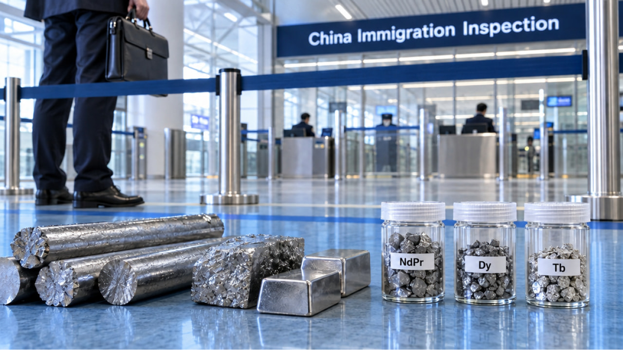 Metallproben von Neodym-Praseodym, Dysprosium und Terbium vor einer chinesischen Einreisekontrolle