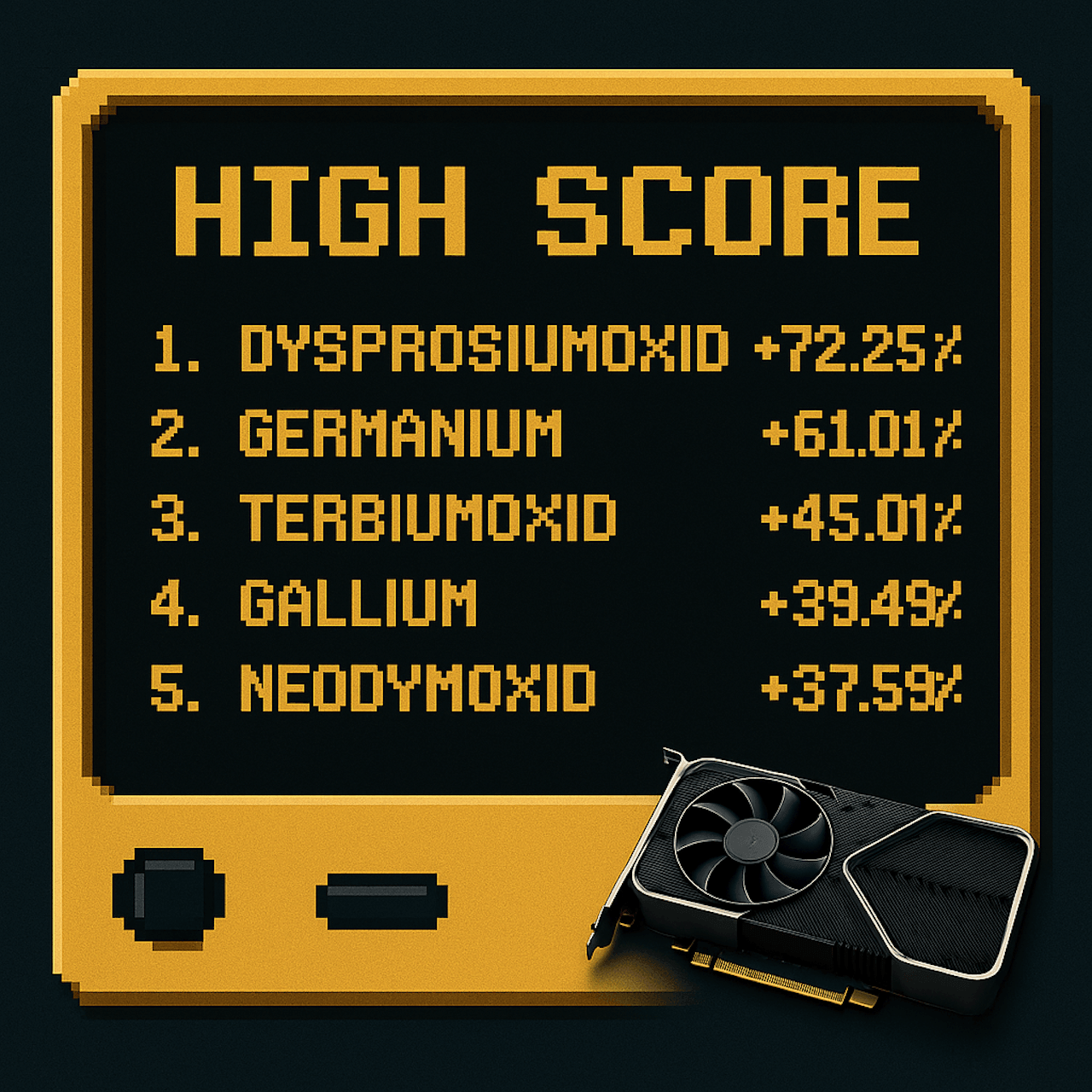 Preissteigerung ausgewählter Metalle 01.01.2025-20.08.2025, dargestellt als High Score im Retrogaming Stil