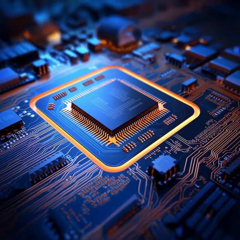 Prozessorchip auf einem Mainboard.