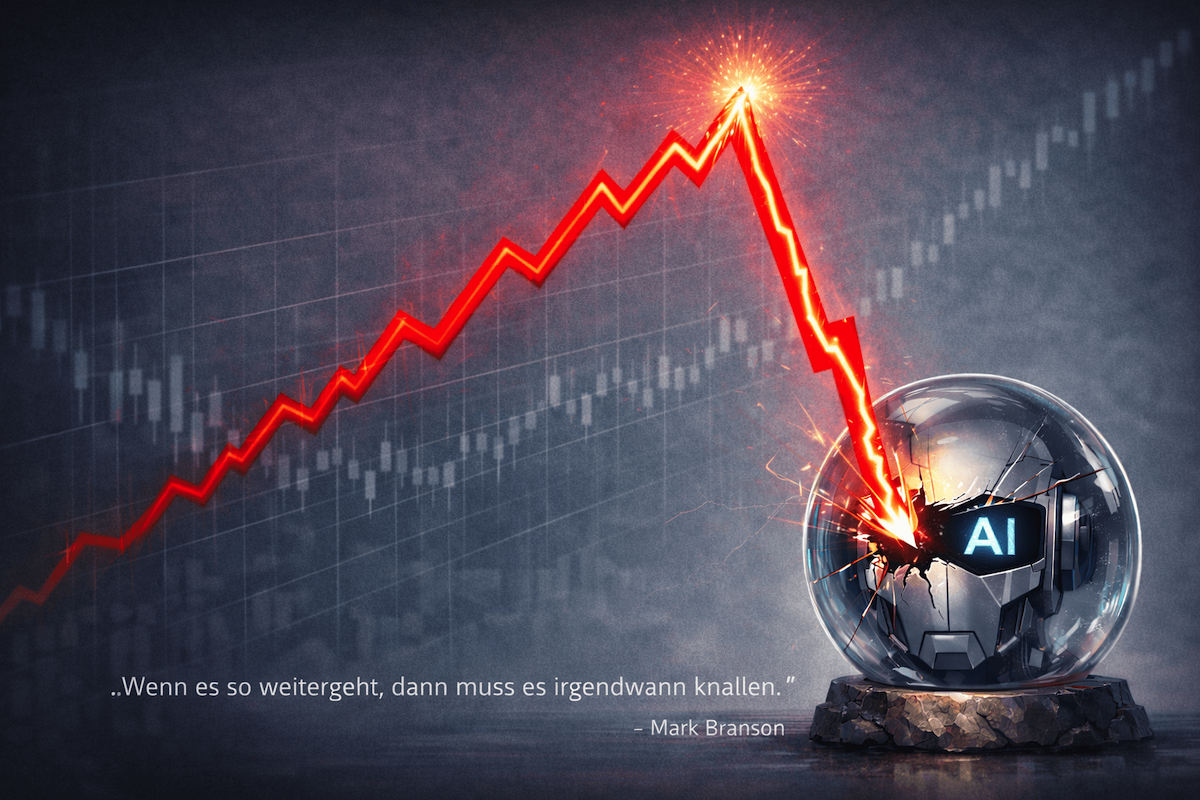 Roter Börsengraph steigt euphorisch an, stürzt abrupt ab und schlägt wie ein Blitz in eine KI-Kristallkugel ein – Symbol für den kommenden Realitätscheck.