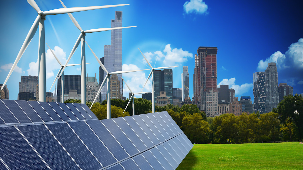 Modern green city powered only by renewable energy sources concept