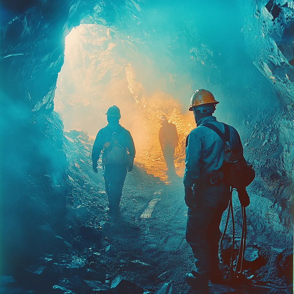 Drei Bergleute mit Helmen und Schutzausrüstung in einem staubigen, von warmem und kühlem Licht durchfluteten Minentunnel.