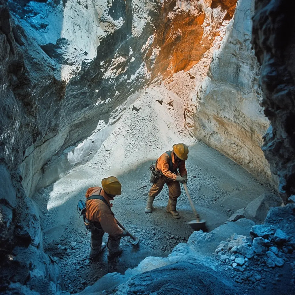 Zwei Minenarbeiter in einem Mienenschacht.