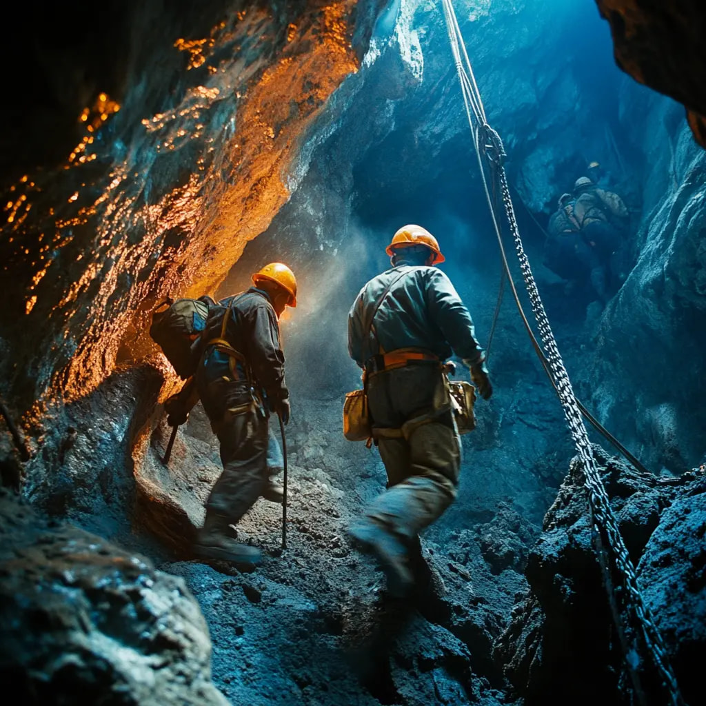 Drei Bergleute mit Helmen und Schutzausrüstung in einem staubigen, von warmem und kühlem Licht durchfluteten Minentunnel.