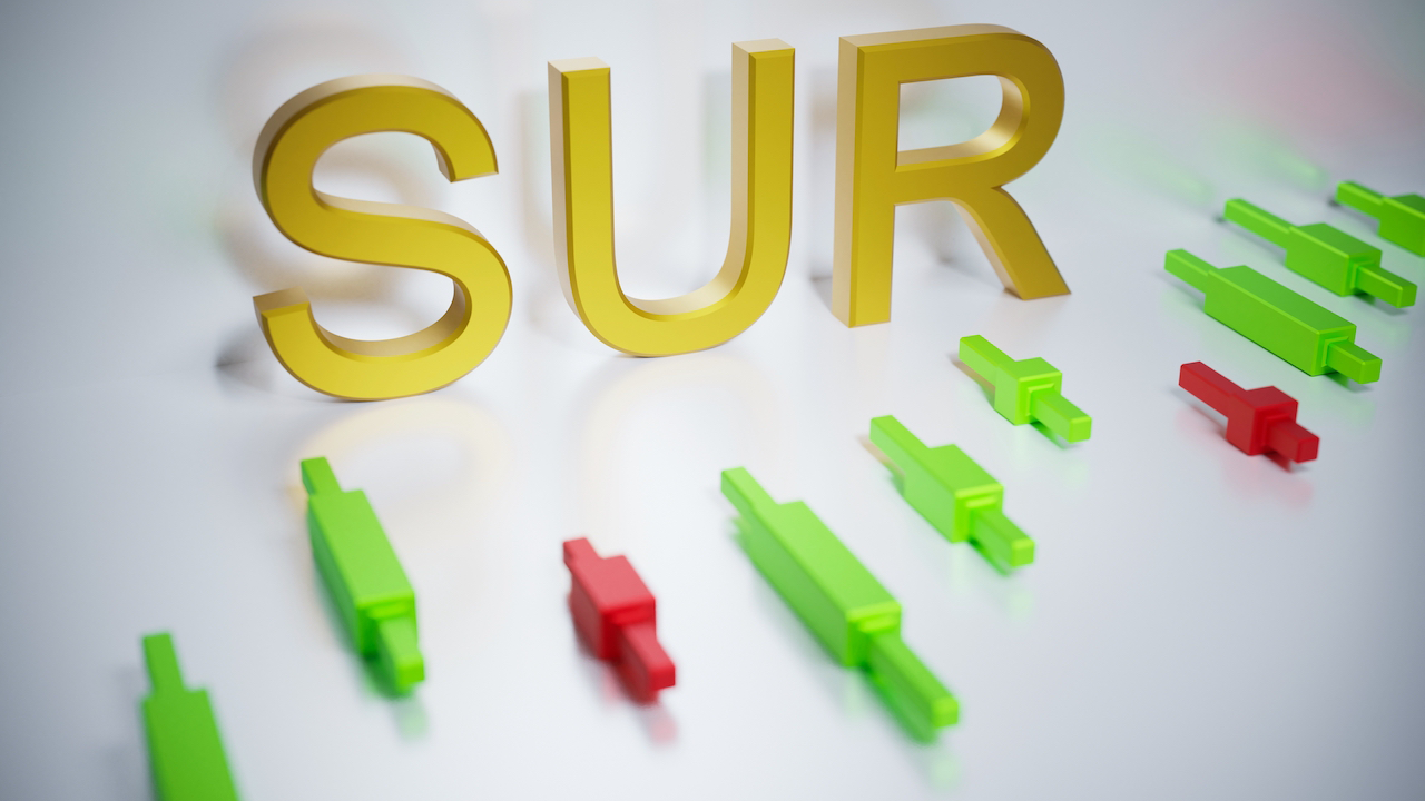 SUR - die Einheitswährung Südamerikas, ein Zeichen auf hellem Hintergrund mit einer Bestandskarte aus japanischen Kerzenbeständen, 3D-Darstellung