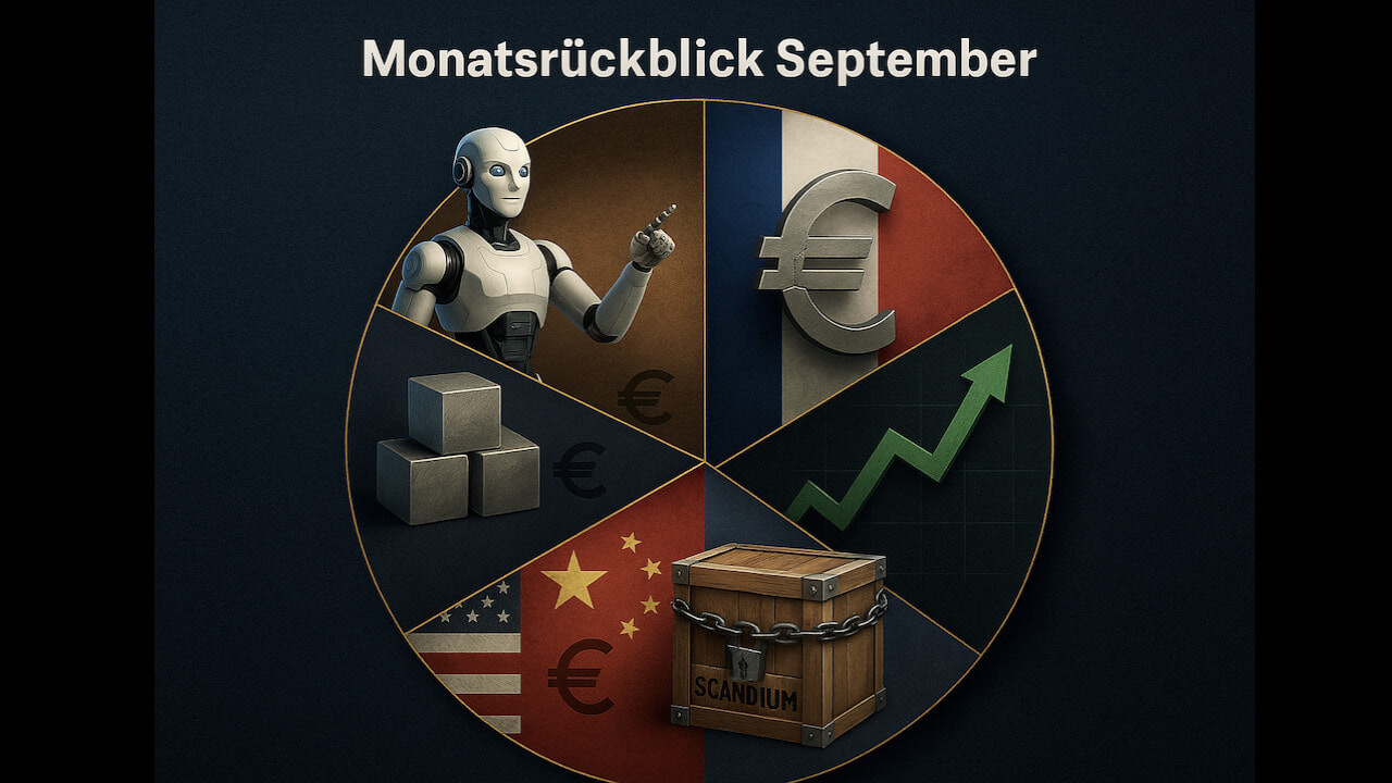 Abstraktes Kuchendiagramm, zusammengesetzt aus human Roboter, Euro-Zeichen, Scandium und Rohstoffe