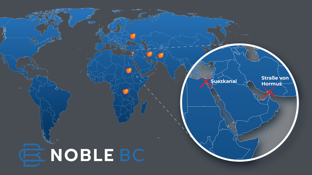 Weltkarte, gekennzeichnet mit den aktuellen Kriegen und mit Fokus auf den Suezkanal und die Straße von Hormus