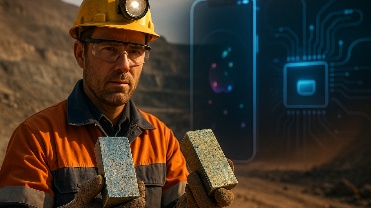 Ein Bergmann mit zwei Stück seltener Rohstoff in den Händen, iPhone und Leitbahnen im Hintergrund