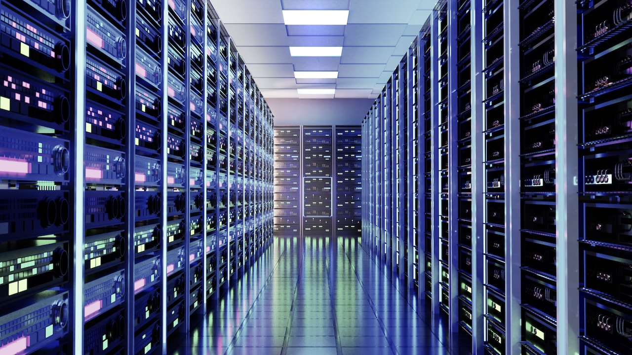 Modern Server room with supercomputers, refrigerators and beautiful neon lighting 3D rendering