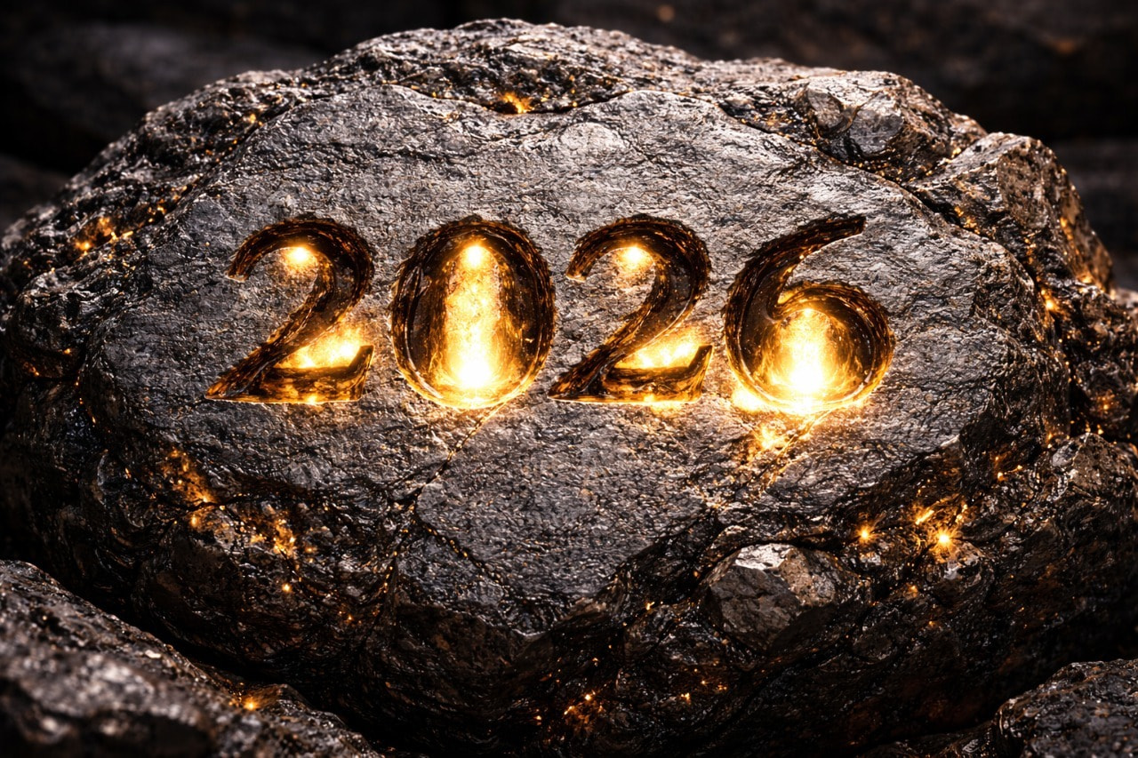 Erzgestein mit eingebrannter und golden leuchtender Jahreszahl 2026