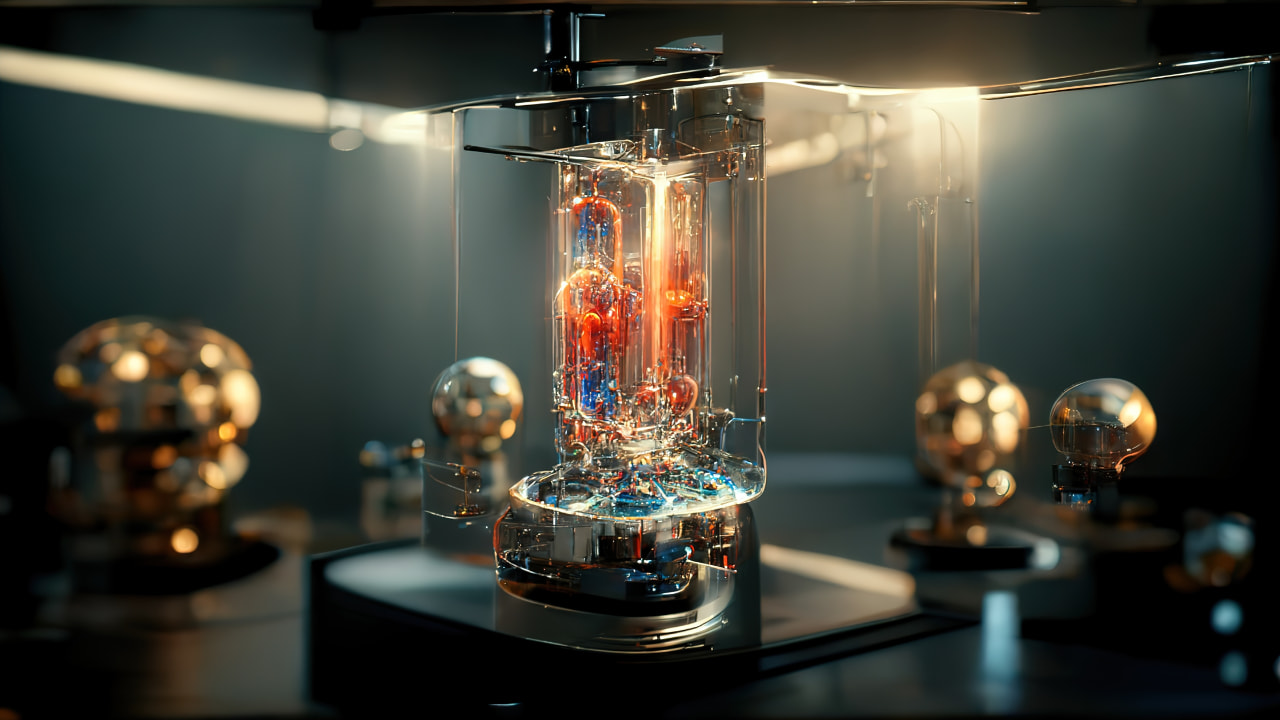 Thorium-Kernreaktor, roter abstrakter Hintergrund. Illustration. 3D-Darstellung.