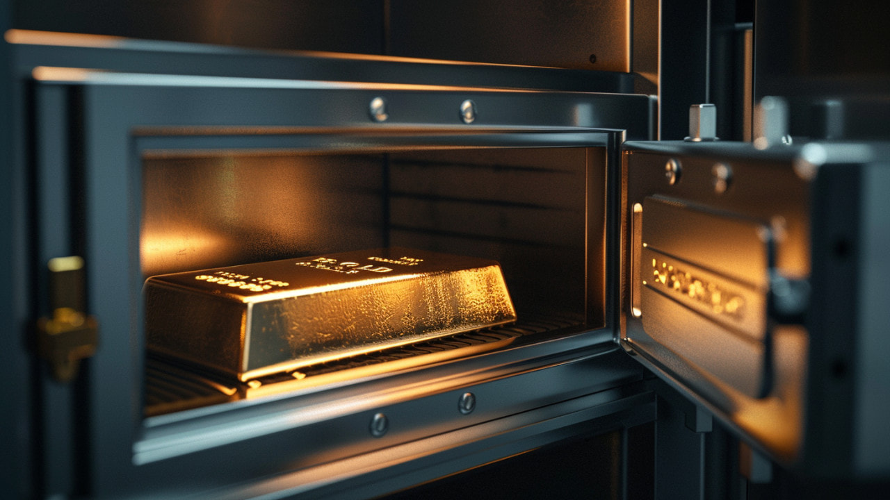 Ein Goldbarren in einem Tresor mit geöffneter Tür, Sachwerte und Sicherheit in unsicheren Zeiten