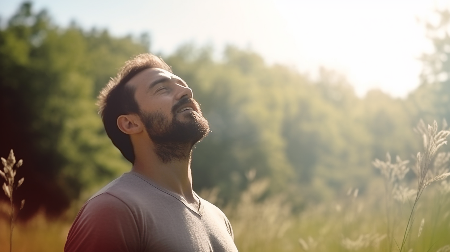 Entspannter erwachsener Mann, der frische Luft in einem Wald mit grünen Bäumen auf dem Hintergrund atmet